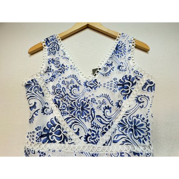 Taylor V-Neck Floral Printed Lace Midi Dress Womens 4 Blue White Sleeveless Chic - Picture 5 of 12